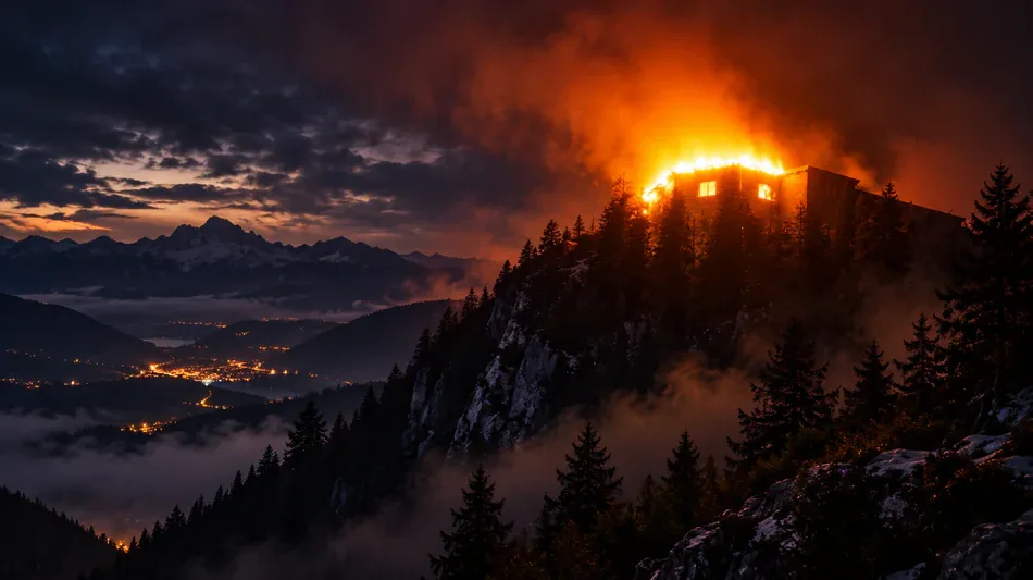  Kehlsteinhaus am Obersalzberg durch Brand zerst&ouml;rt 